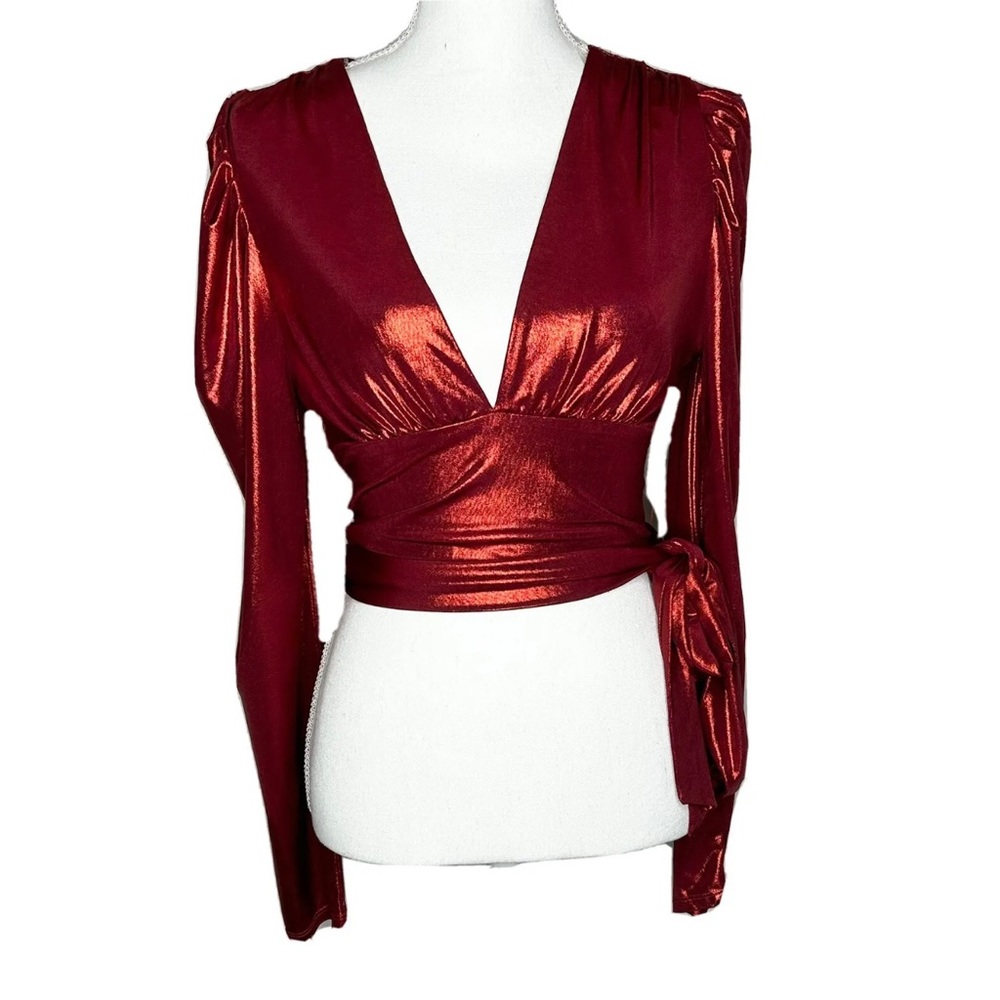 Dolls Kill • Red Metallic Bow Belt Crop Blouse Medium